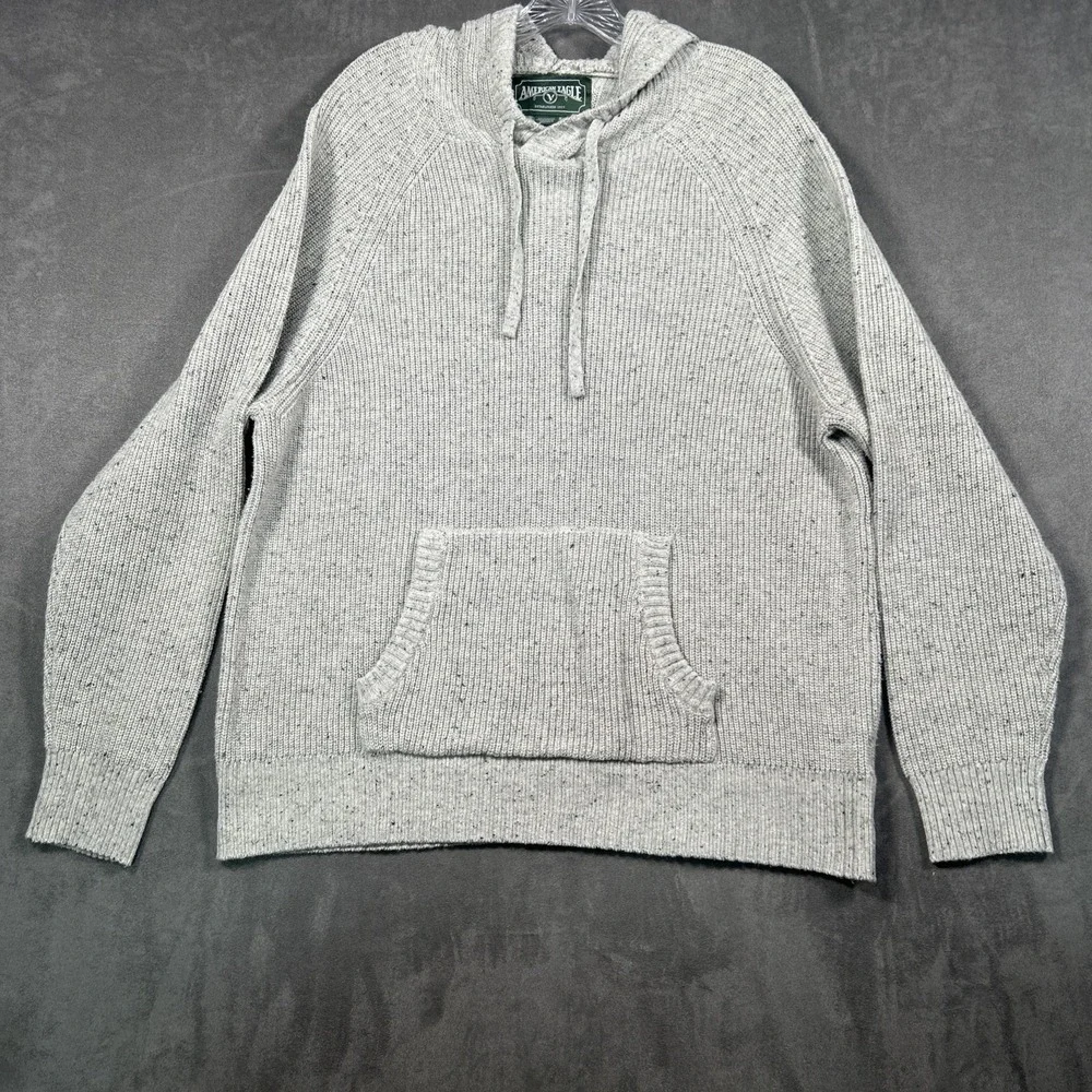 American Eagle Pullover XXL Hoodie Ribbed Knit Sweater Drawstring Mens Ivory